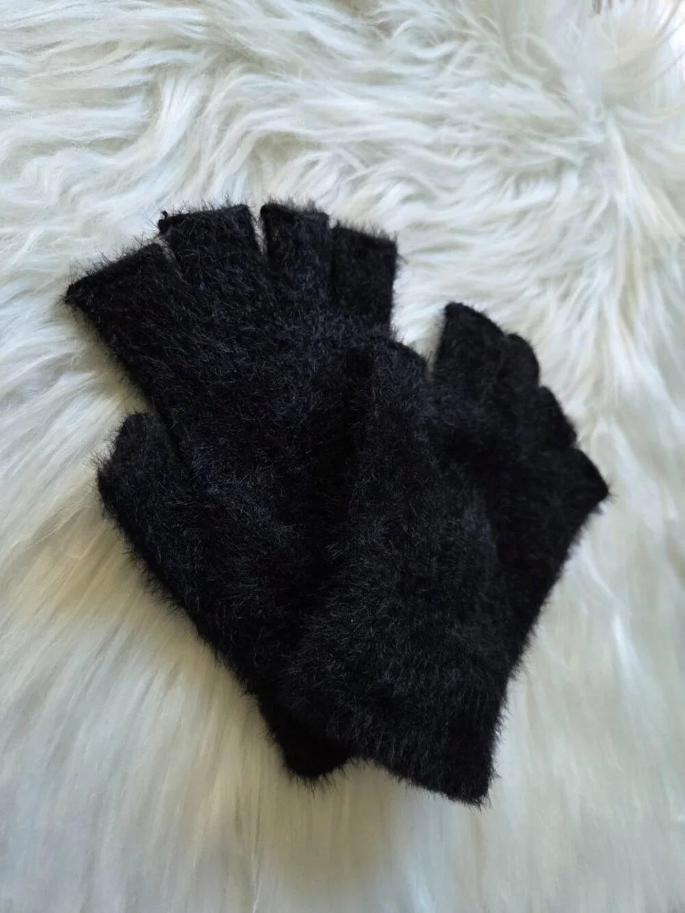 Fuzzy Black Fingerless Gloves